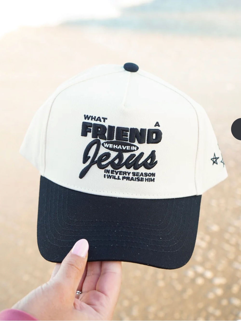 Kenz Kustomz What a Friend We Have in Jesus Cream Black Trucker Hat NWT